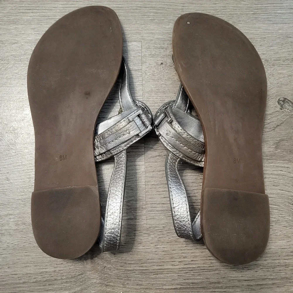 Tory Burch size 8 Metallic Silver Pewter Leather Ankle Strap Sandals Flat Logo